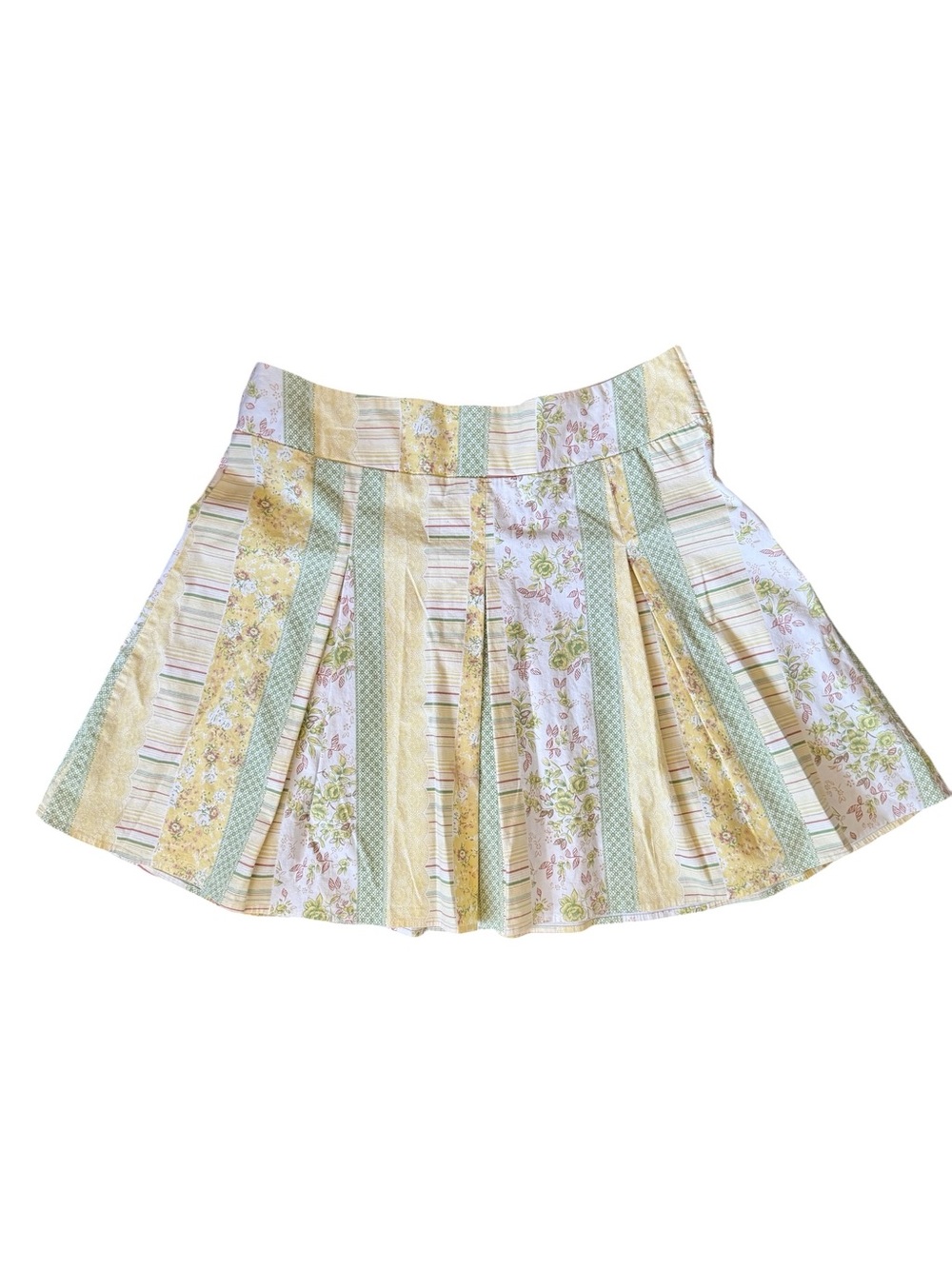 Y2K Studio Y Pastel Patchwork Pleated Skirt - Yellow, Green & Cream